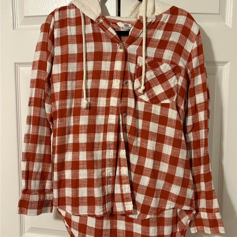 Red and White Plaid Hoodie Shirt